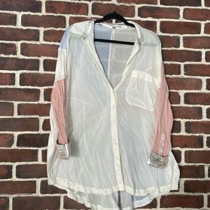Free People Oversized Button Down Linen Top with Back Detail and Shimmer Cuffs
